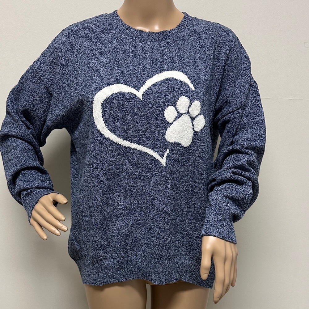 NWOT Cotton Country I Love my dog Heart Paw Blue Women's Sweater size XL